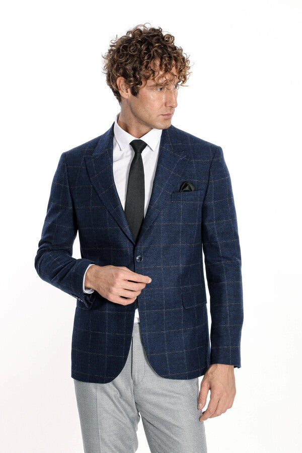 WSS Plaid Wool Navy Blue Men Blazer  - Shawnee