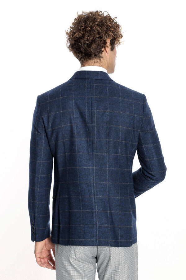 WSS Plaid Wool Navy Blue Men Blazer  - Shawnee
