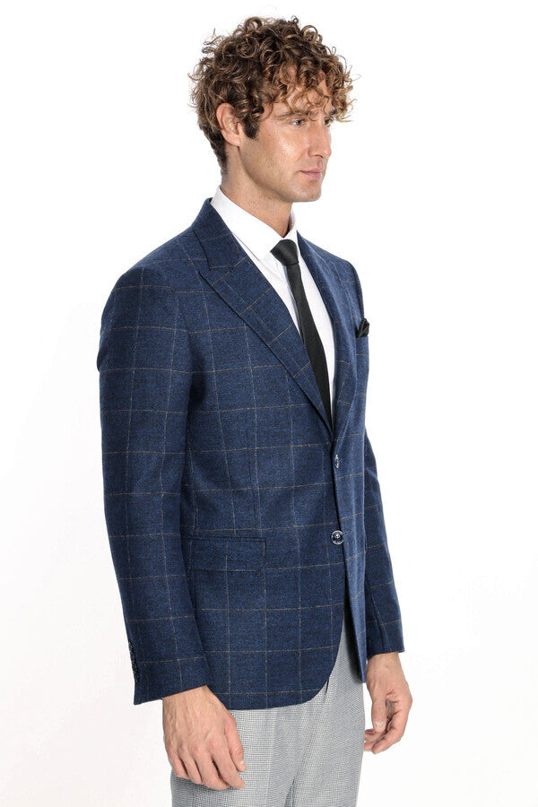 WSS Plaid Wool Navy Blue Men Blazer  - Shawnee