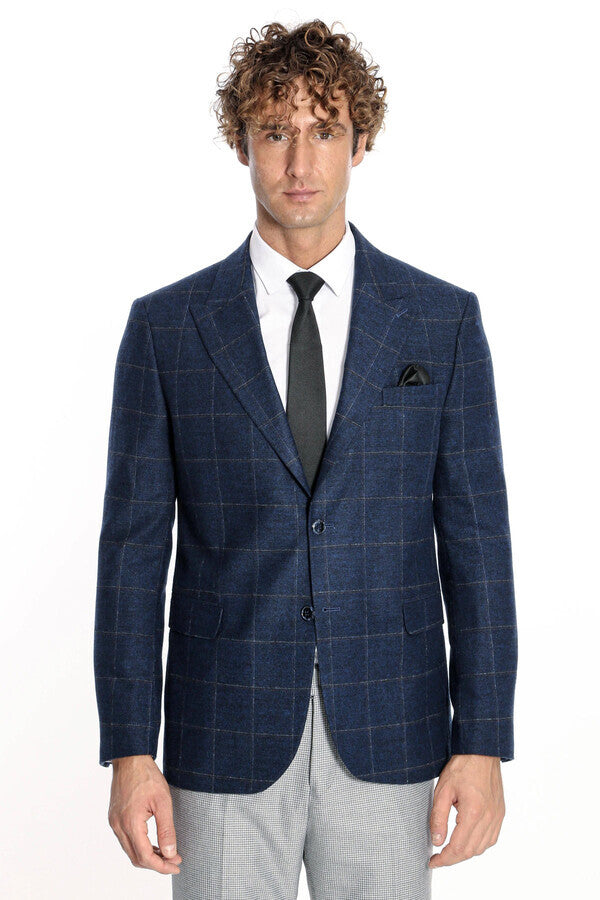 WSS Plaid Wool Navy Blue Men Blazer  - Shawnee