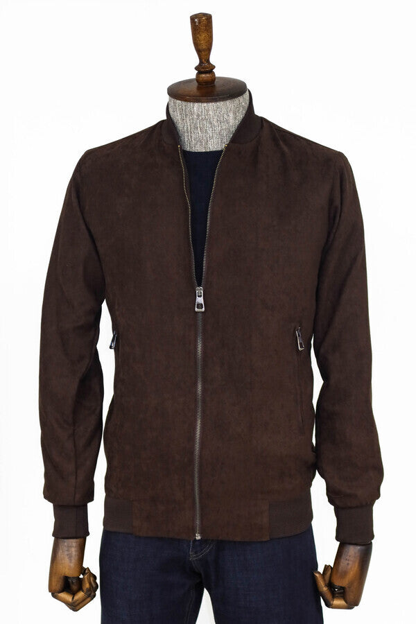 WSS Plain Zippered Pockets Brown Men Bomber Coat  - Windsor
