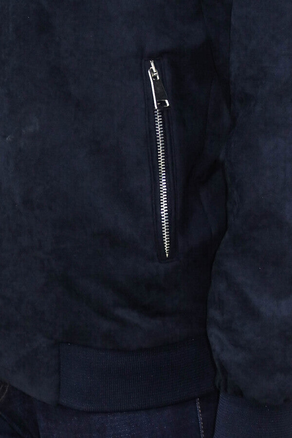 WSS Plain Zippered Pockets Navy Blue Men Bomber Coat  - Carrollton