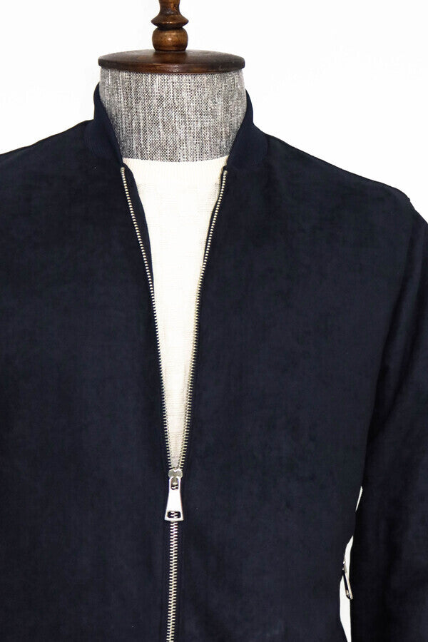 WSS Plain Zippered Pockets Navy Blue Men Bomber Coat  - Carrollton