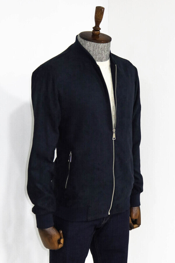 WSS Plain Zippered Pockets Navy Blue Men Bomber Coat  - Carrollton