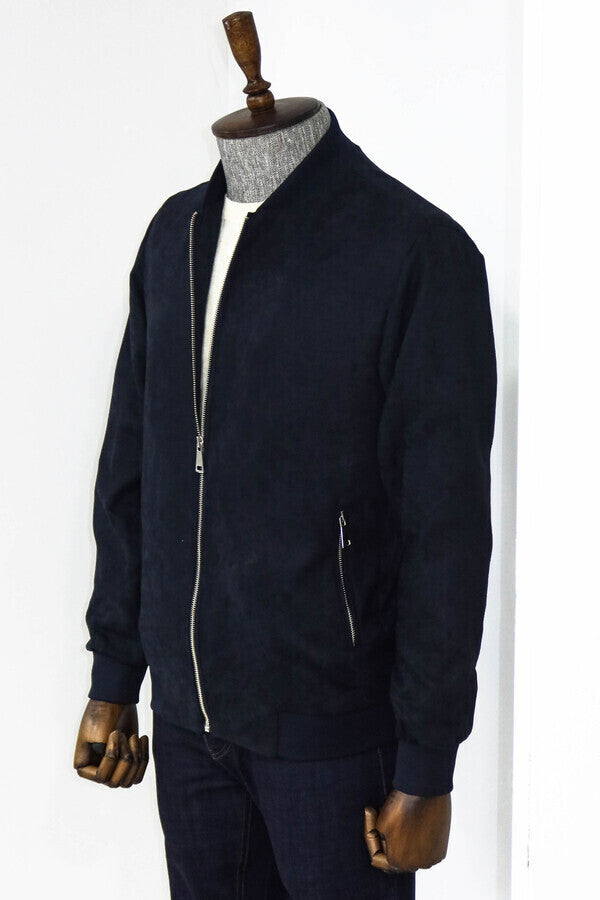 WSS Plain Zippered Pockets Navy Blue Men Bomber Coat  - Carrollton