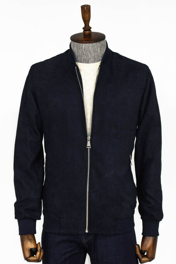 WSS Plain Zippered Pockets Navy Blue Men Bomber Coat  - Carrollton