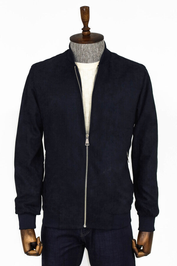 WSS Plain Zippered Pockets Navy Blue Men Bomber Coat  - Carrollton