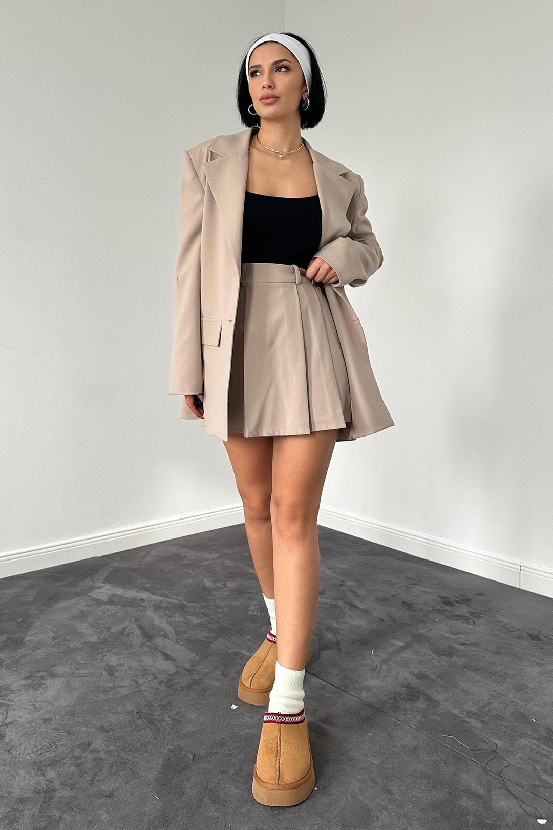 ELS Pleated Jacket and Skirt Set - Beige - Cannock