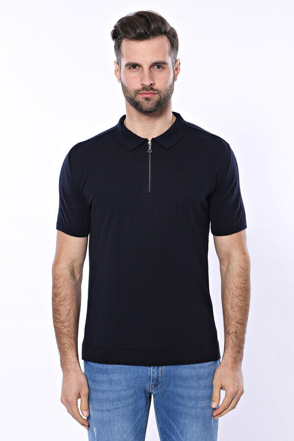 WSS Polo Neck Plain Navy Knitted Blue Men T-Shirt  - Accrington
