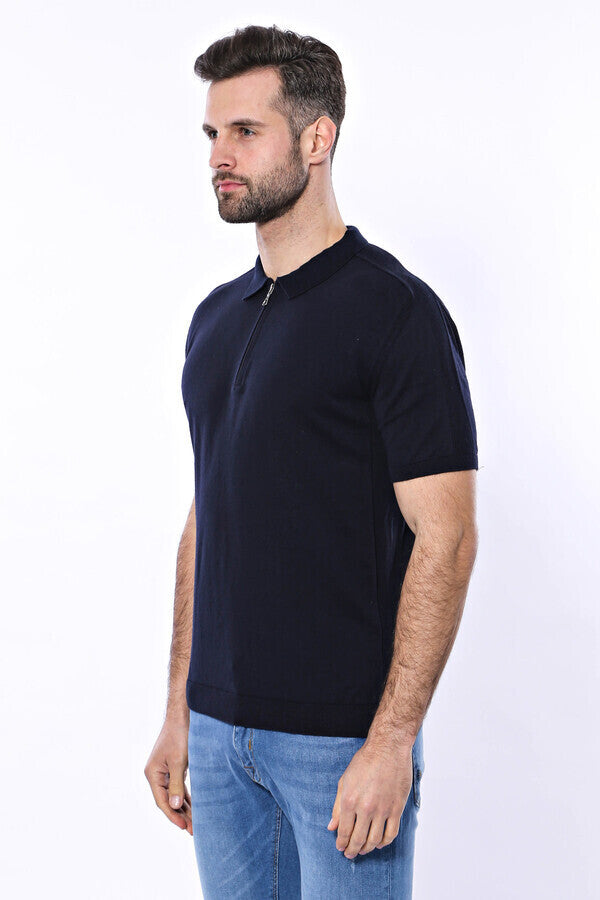 WSS Polo Neck Plain Navy Knitted Blue Men T-Shirt  - Accrington