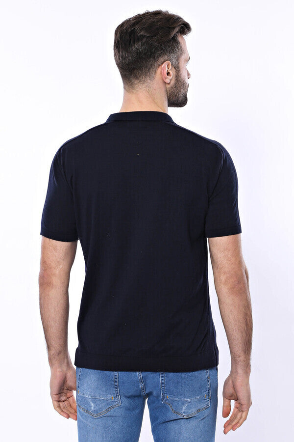 WSS Polo Neck Plain Navy Knitted Blue Men T-Shirt  - Accrington