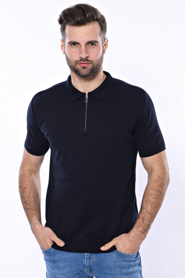WSS Polo Neck Plain Navy Knitted Blue Men T-Shirt  - Accrington
