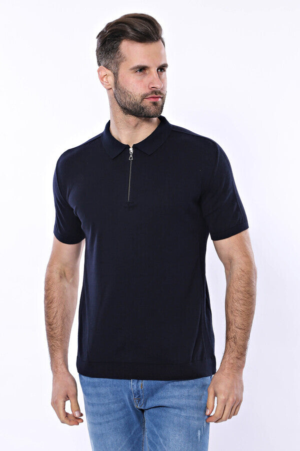 WSS Polo Neck Plain Navy Knitted Blue Men T-Shirt  - Accrington