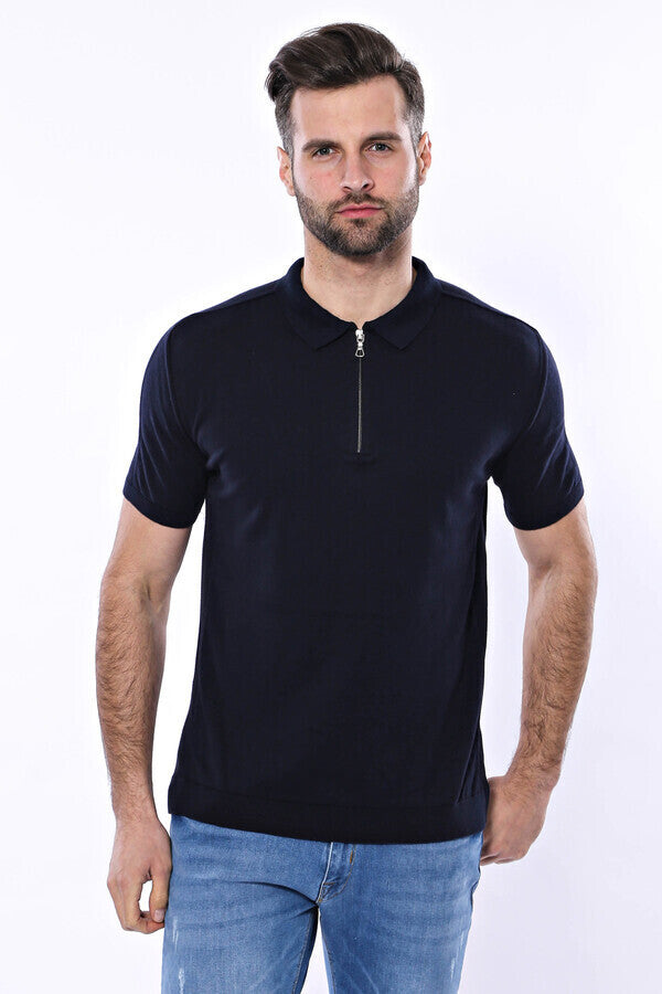 WSS Polo Neck Plain Navy Knitted Blue Men T-Shirt  - Accrington
