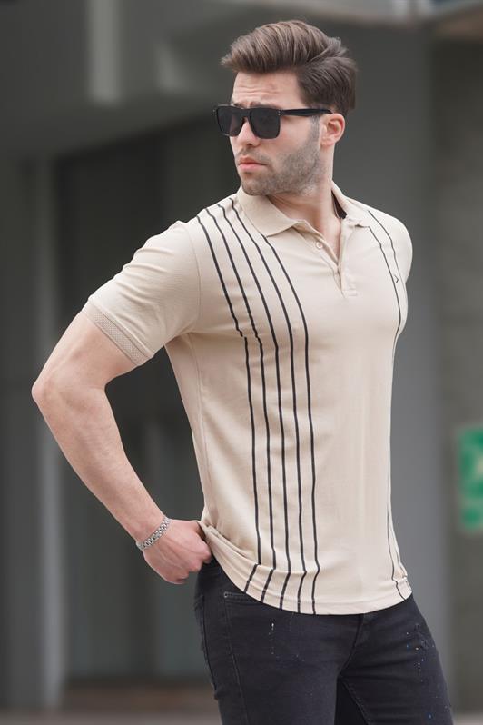 MDX Beige Striped Polo Collar Short Sleeve Men's T-shirt 5822 - Garbsen