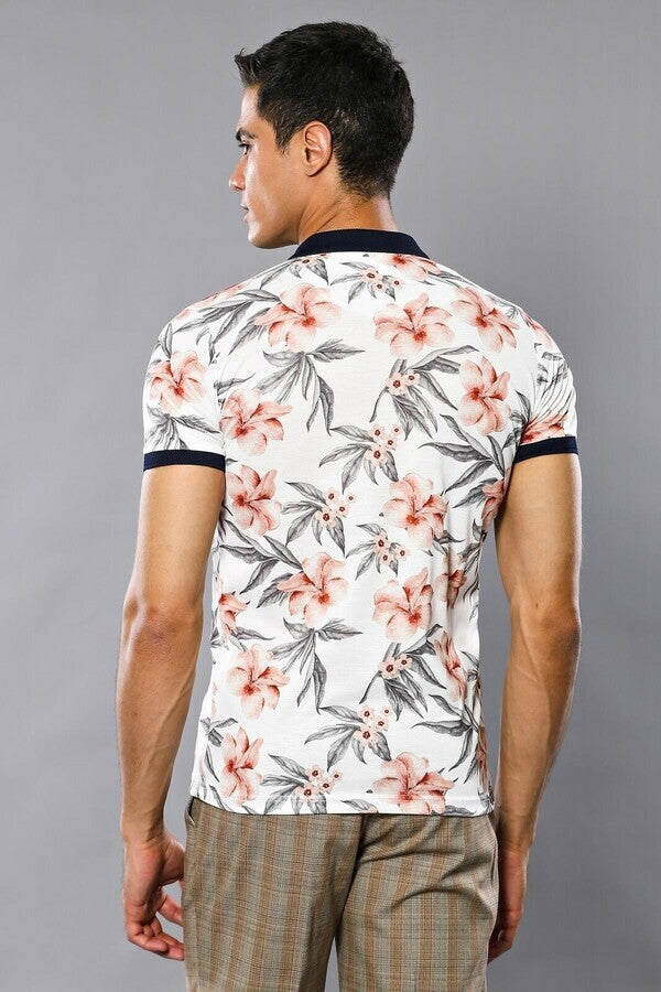WSS Polo Neck Floral Patterned Men Cream T-Shirt  - Beavercreek