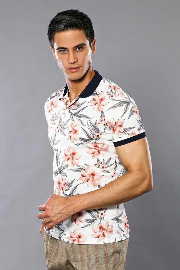 WSS Polo Neck Floral Patterned Men Cream T-Shirt  - Beavercreek