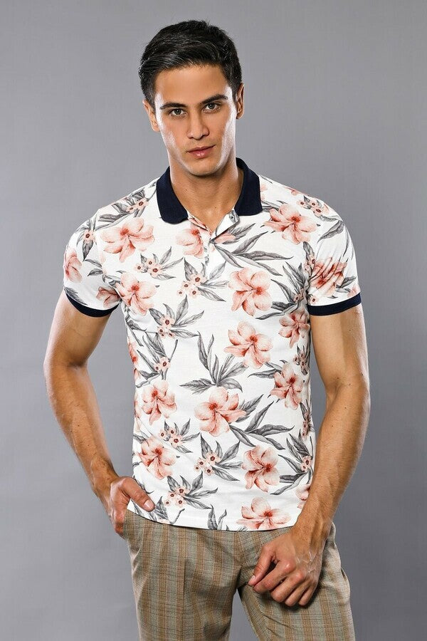 WSS Polo Neck Floral Patterned Men Cream T-Shirt  - Beavercreek
