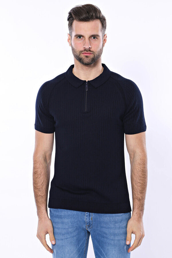 WSS Polo Zippered Patterned Knitted Navy Blue Men T-Shirt  - Waukegan