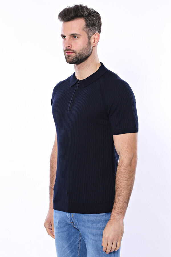 WSS Polo Zippered Patterned Knitted Navy Blue Men T-Shirt  - Waukegan