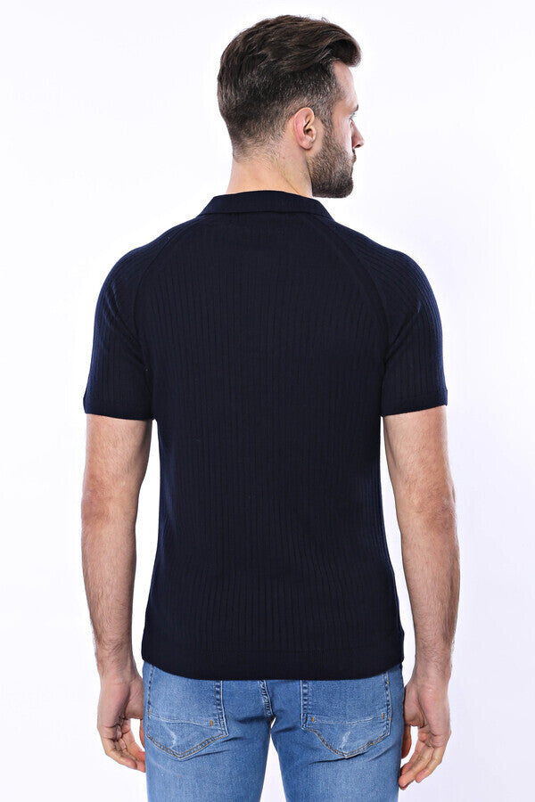 WSS Polo Zippered Patterned Knitted Navy Blue Men T-Shirt  - Waukegan