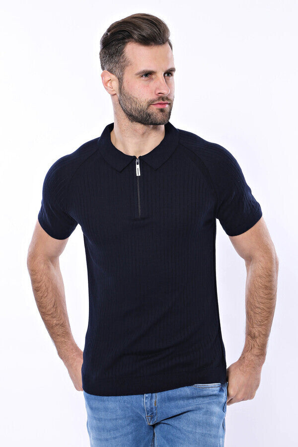 WSS Polo Zippered Patterned Knitted Navy Blue Men T-Shirt  - Waukegan