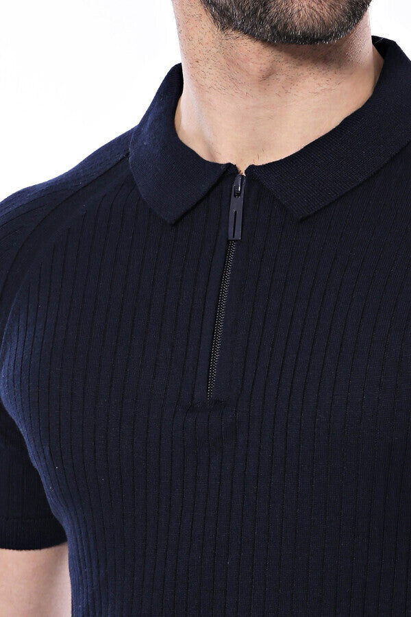 WSS Polo Zippered Patterned Knitted Navy Blue Men T-Shirt  - Waukegan