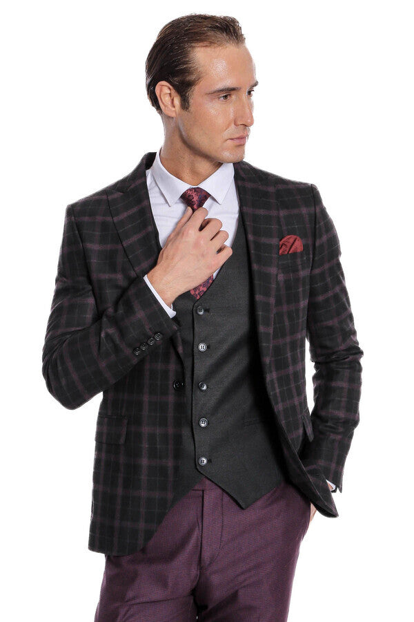 WSS Purple Vested Slim Fit Checked Black Men Suit  - Ossining