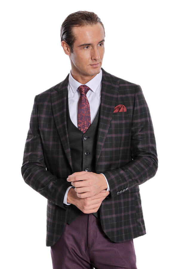 WSS Purple Vested Slim Fit Checked Black Men Suit  - Ossining