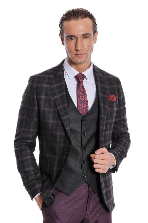 WSS Purple Vested Slim Fit Checked Black Men Suit  - Ossining