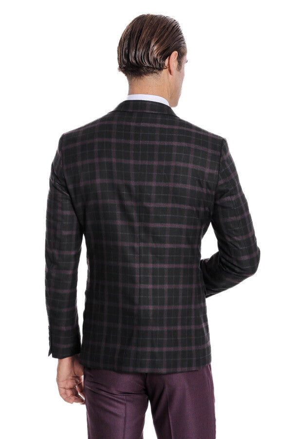 WSS Purple Vested Slim Fit Checked Black Men Suit  - Ossining