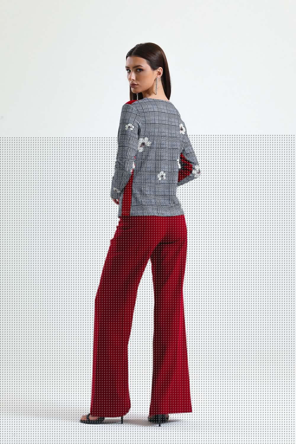 SNS Sense A. Gray Front Leather Shoulder Red Striped Long Sleeve Blouse - Amberg