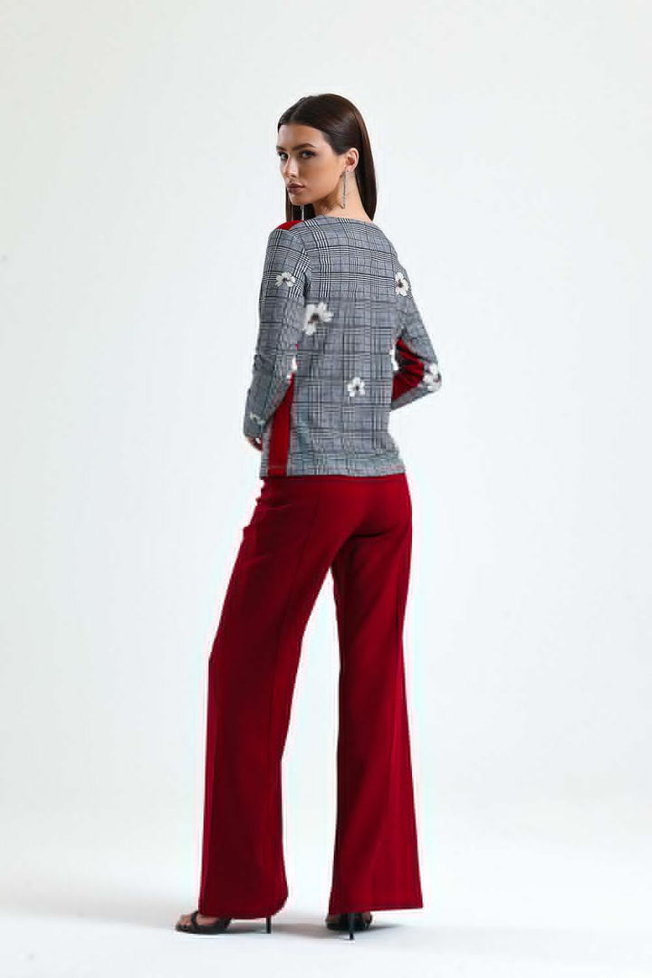 SNS Sense A. Gray Front Leather Shoulder Red Striped Long Sleeve Blouse - Amberg