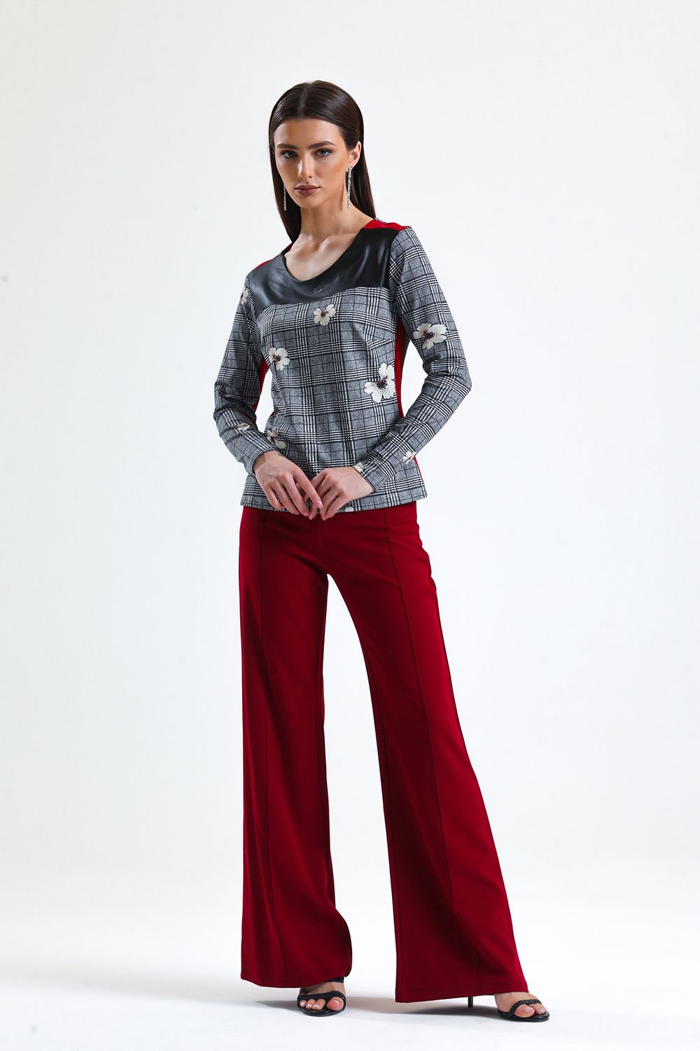 SNS Sense A. Gray Front Leather Shoulder Red Striped Long Sleeve Blouse - Amberg