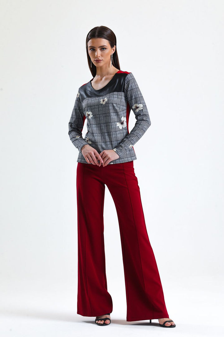 SNS Sense A. Gray Front Leather Shoulder Red Striped Long Sleeve Blouse - Amberg