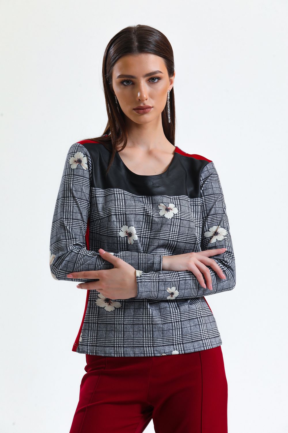 SNS Sense A. Gray Front Leather Shoulder Red Striped Long Sleeve Blouse - Amberg