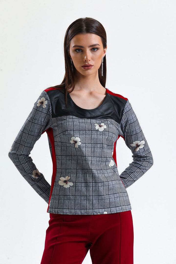 SNS Sense A. Gray Front Leather Shoulder Red Striped Long Sleeve Blouse - Amberg