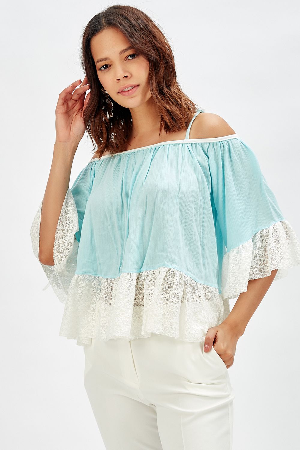 SNS Sense Open Blue Ruffled Sleeve Strappy Şile Fabric Evening Blouse - Schaffhausen