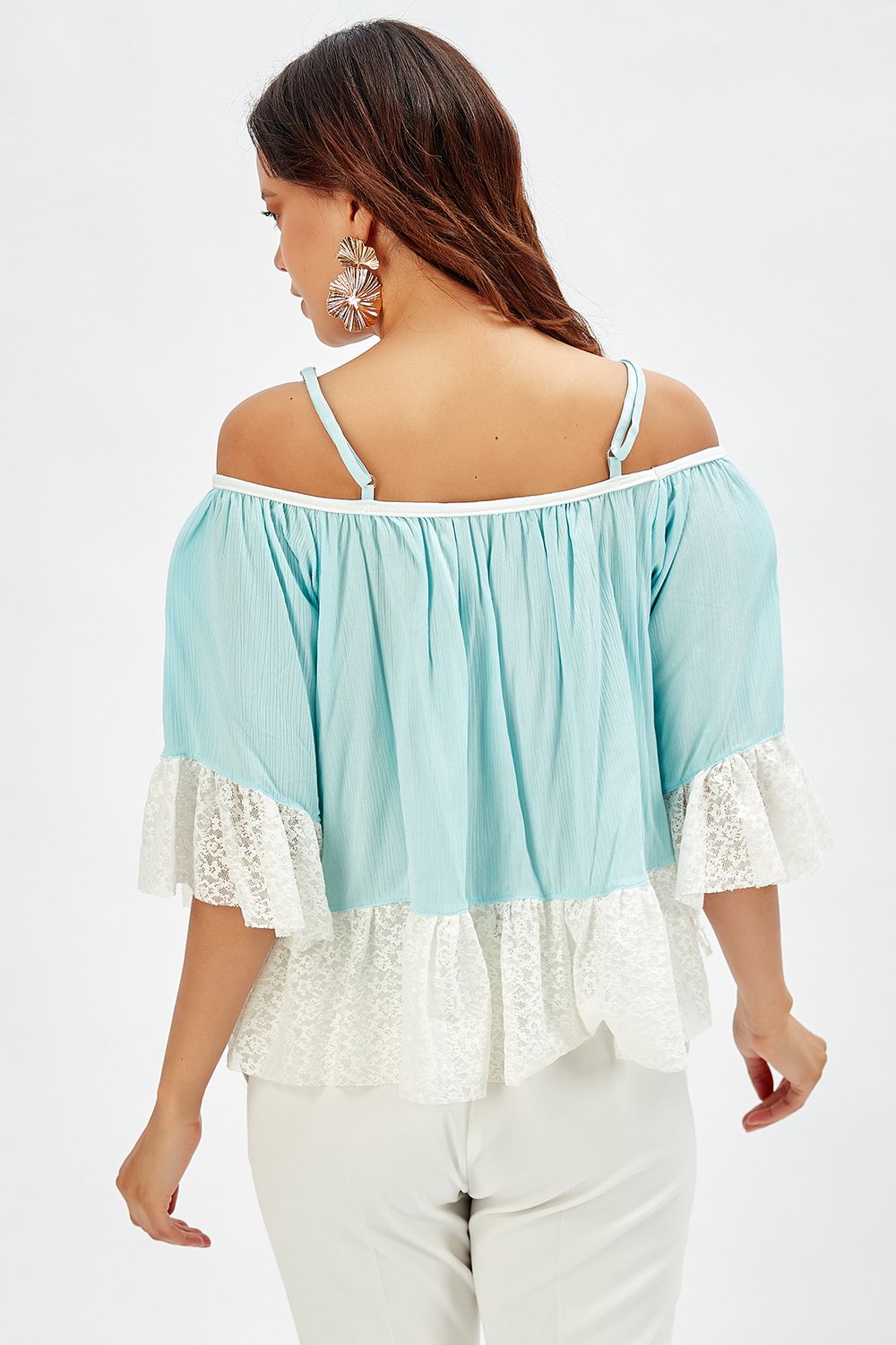 SNS Sense Open Blue Ruffled Sleeve Strappy Şile Fabric Evening Blouse - Schaffhausen