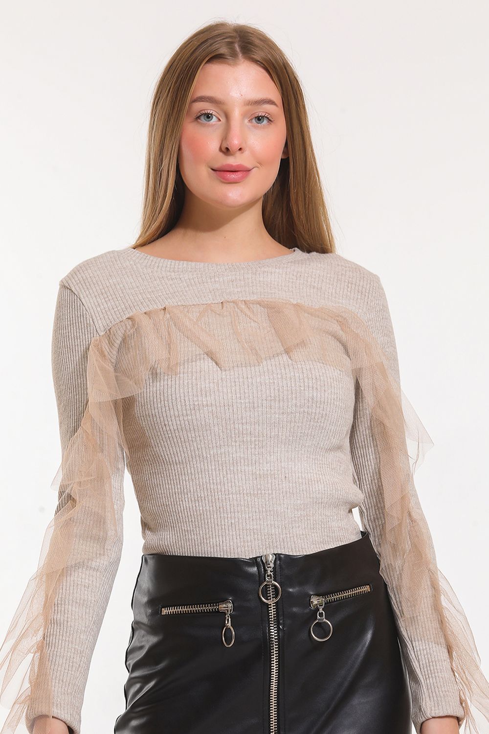 SNS Sense Beige Front and Sleeve Ruched Tulle Corset Knit Blouse - Royal Leamington Spa