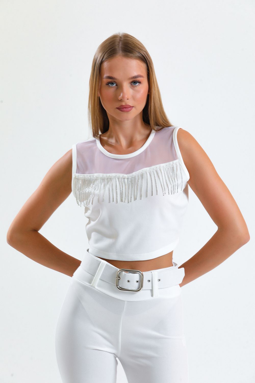 SNS Sense White Stone Detailed Evening Blouse - Navarre