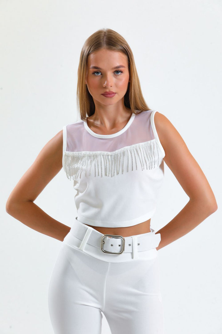 SNS Sense White Stone Detailed Evening Blouse - Navarre