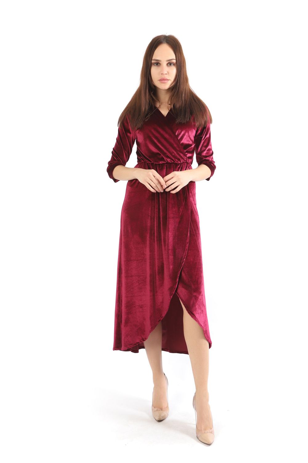 SNS Sense Burgundy Wrap Neck Skirt Patched Velvet Evening Dress - Waukesha