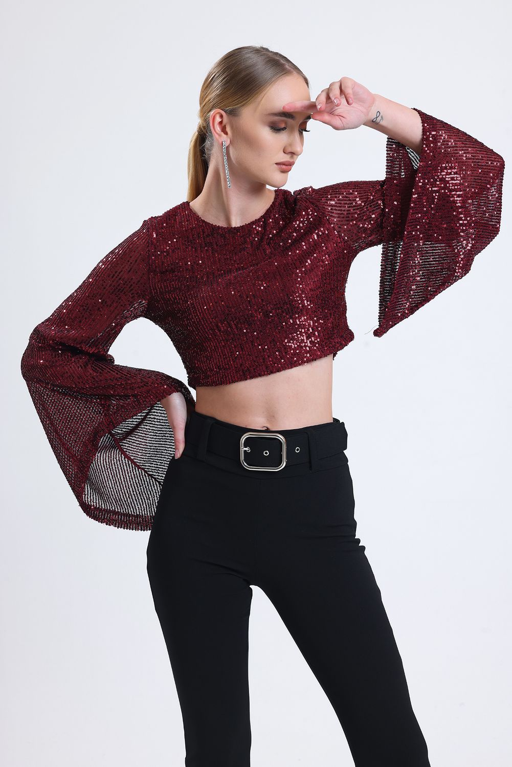 SNS Burgundy Sequined Blouse with Inner Lining - Albi