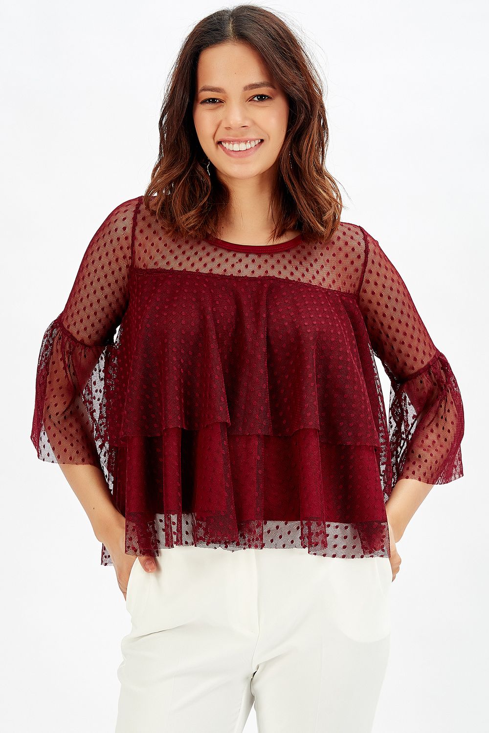 SNS Sense Burgundy Blouse with Tulle Ruffle Sleeves - Germantown