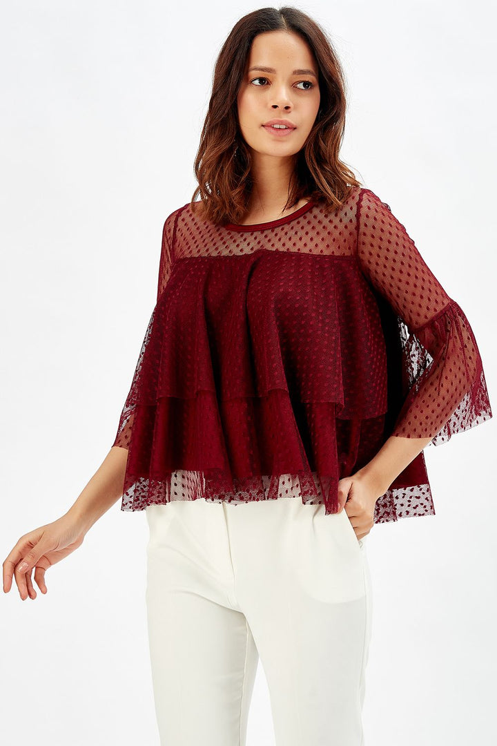 SNS Sense Burgundy Blouse with Tulle Ruffle Sleeves - Germantown