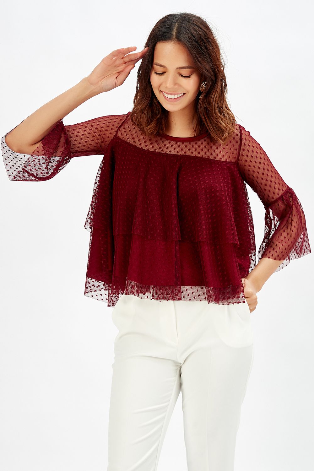 SNS Sense Burgundy Blouse with Tulle Ruffle Sleeves - Germantown