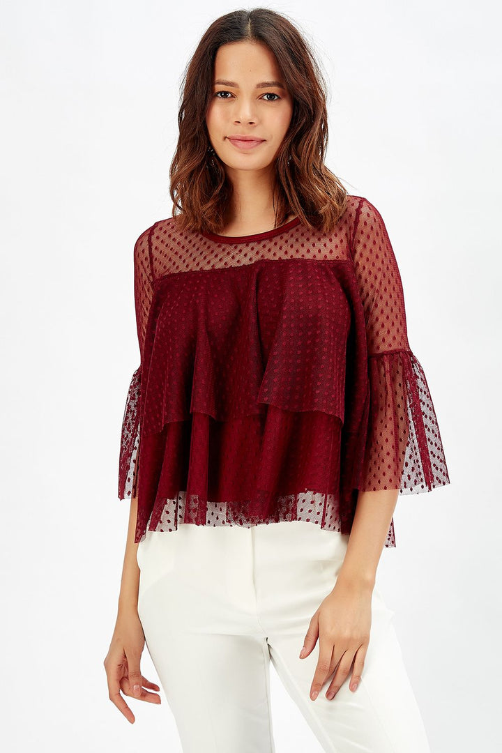 SNS Sense Burgundy Blouse with Tulle Ruffle Sleeves - Germantown