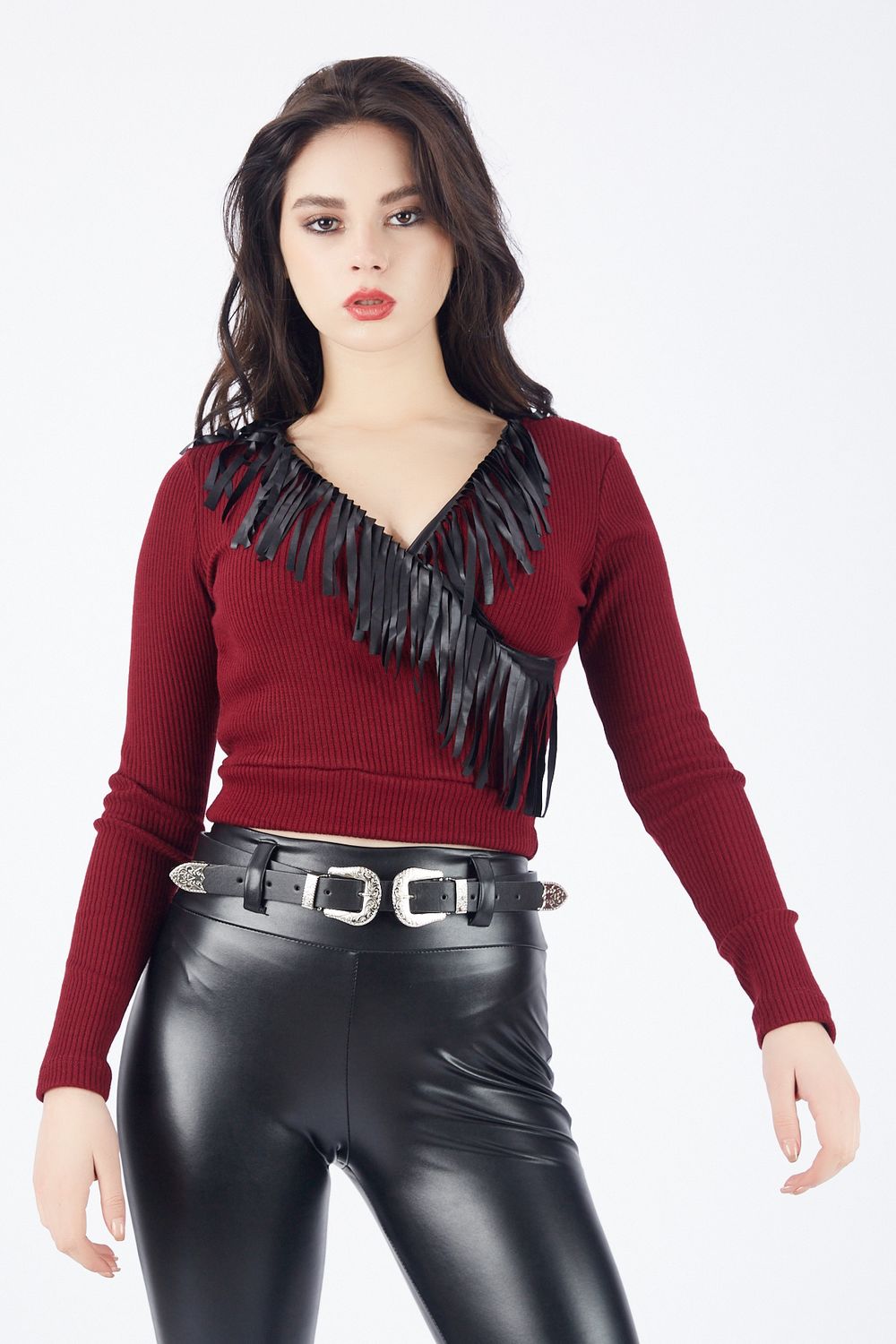 SNS Burgundy Long Sleeve Crossover Neck 2X2 Ribbed Blouse - Esch-sur-Alzette