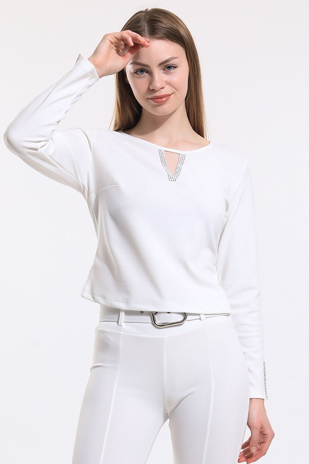 SNS Ecru Front And Sleeves Stoned Scuba Crepe Blouse - Osnabrück